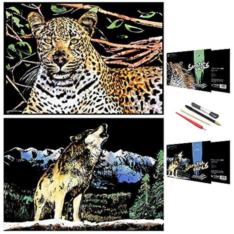 Rainbow Scratch Art Kit for Adults with 4 Tools, Cheetah & Wolf, 16 x 11 Inch