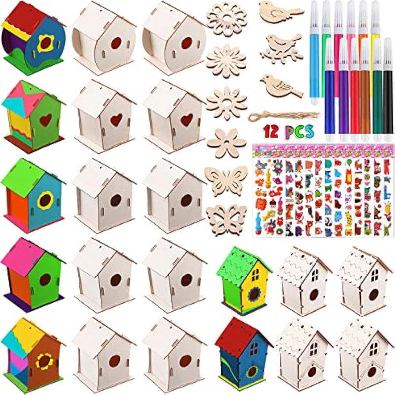 107 Pcs Wooden Birdhouse Craft Kit with Mini Houses, Watercolor Pens & Supplies