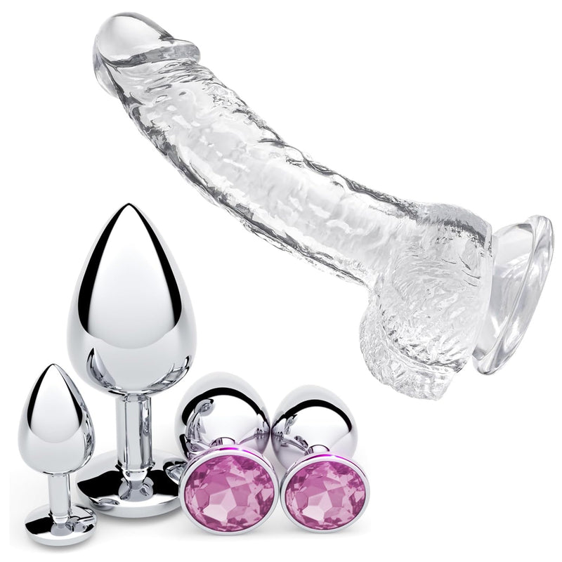 4 Pcs Jewel Butt Plugs Set  7.3 Inch Clear Realistic Dildo, G Spot Anal Sex Adult Toy For Beginner Adult Unisex Women And Men Couple