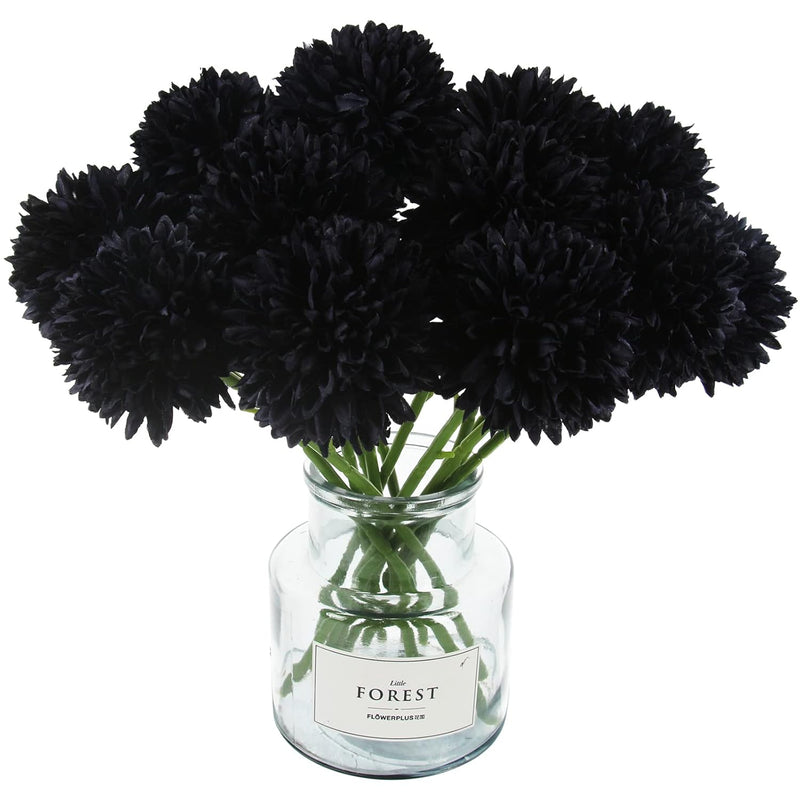 12 Pcs Faux Ball Chrysanthemum Bouquet Black Flowers For Home Halloween Party
