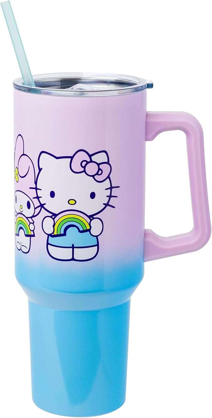 Sanrio Hello Kitty and Friends Featuring My Melody, Kuromi, and Pompompurin Rainbow Ombre Stainless Steel Tumbler with Handle and Straw, Fits in Standard Cup Holder, 40 Ounces