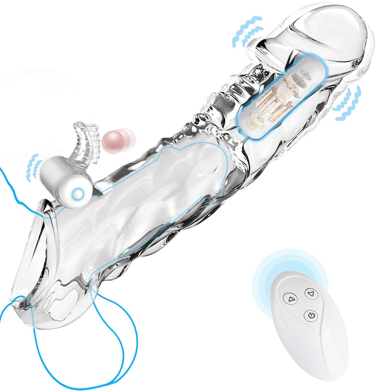 Penis Extender Sleeve Cock Sleeve With Vibrators, Penis Enlarger Reusable Double Vibrating Penis Sleeve Cock Ring With 10 Vibration Modes Remote Control Adult Couple Sex Toys For Men