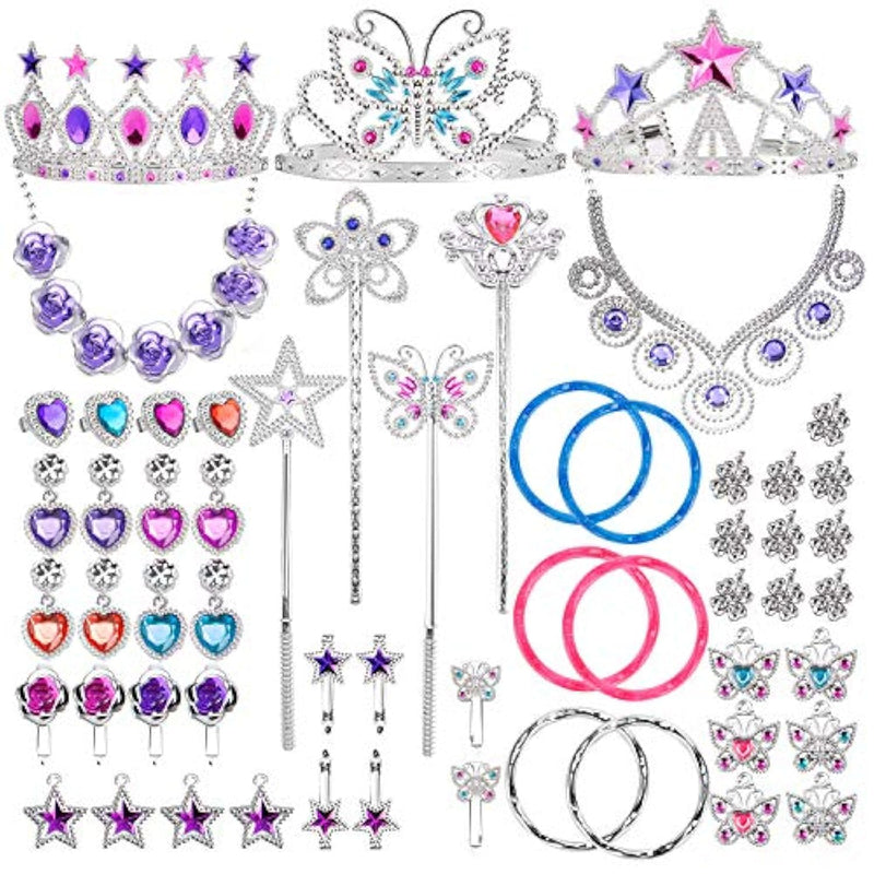 Liberty Imports 50 PCS Princess Jewelry Dress Up Accessories, Pretend Play Set Jewelry Party Favors for Girls Cosplay Party Favors with Crown Wand Ring Earring Necklace