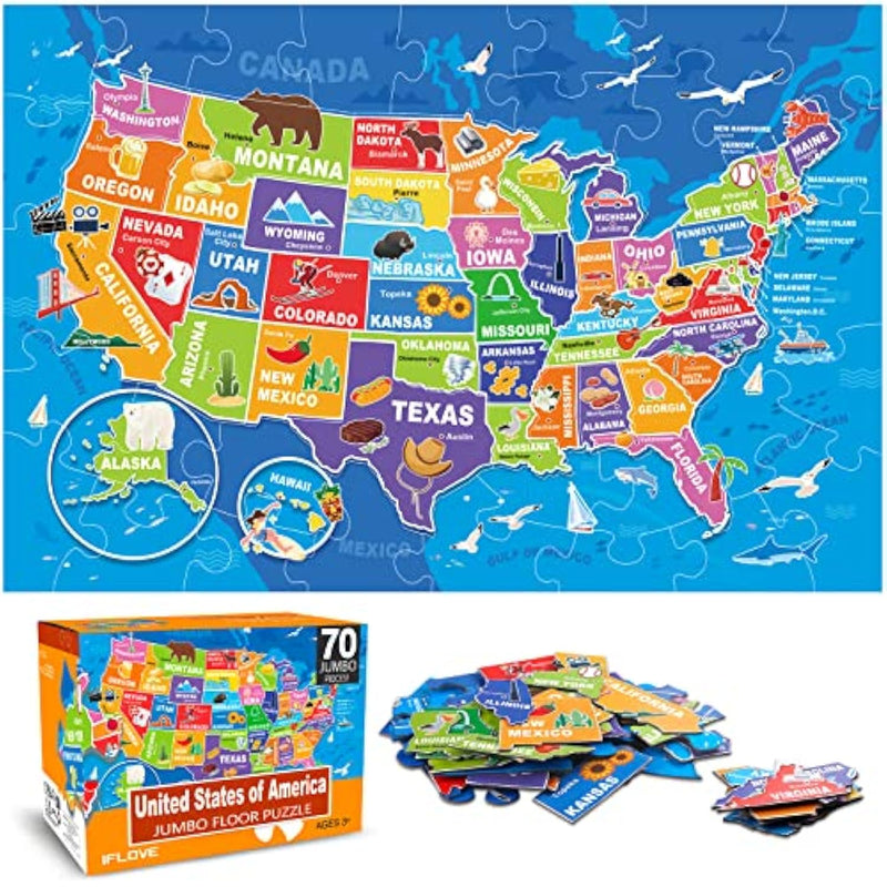 Jumbo Floor Puzzle For Kids,Usa Map Puzzle Jigsaw Geography Puzzles,70 Piece Us Map 50 States With Capitals,United States Puzzle For Ages 3-5,Preschool Learning Toys Gift For 4-8 Years Old