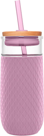 Devon 18oz Glass Tumbler with Straw, Friction Fit Bamboo Wood Lid and Silicone Sleeve | Perfect for Iced Coffee, Tea, Matcha and Smoothies