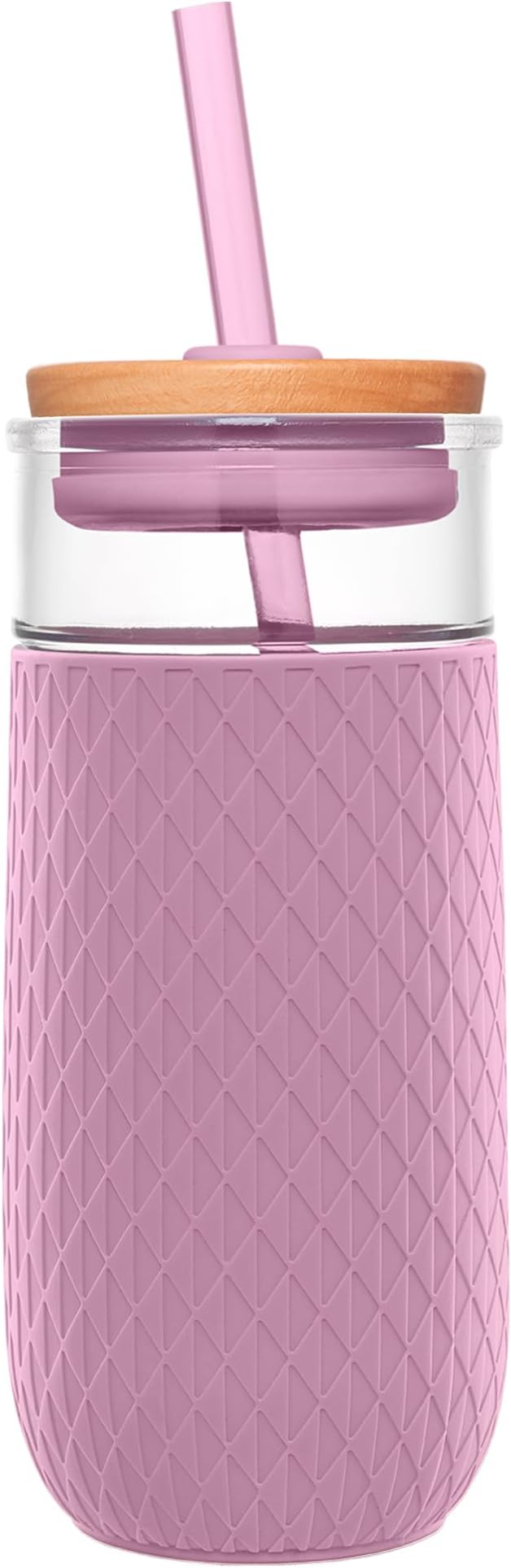 Devon 18oz Glass Tumbler with Straw, Friction Fit Bamboo Wood Lid and Silicone Sleeve | Perfect for Iced Coffee, Tea, Matcha and Smoothies