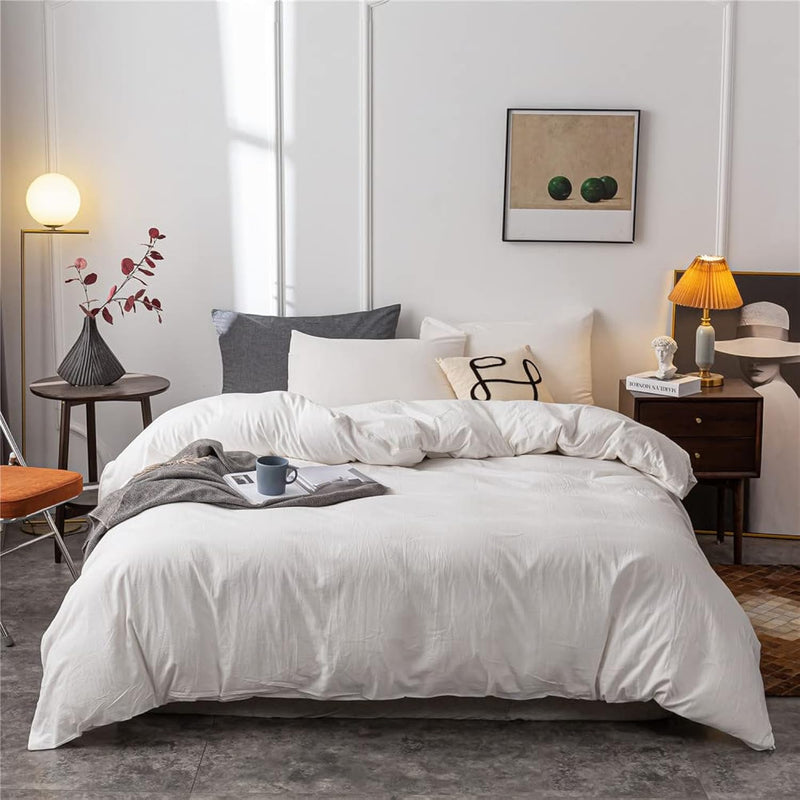 Washed Cotton Duvet Cover King Ultra Soft 100% Cotton Solid Color White Duvet