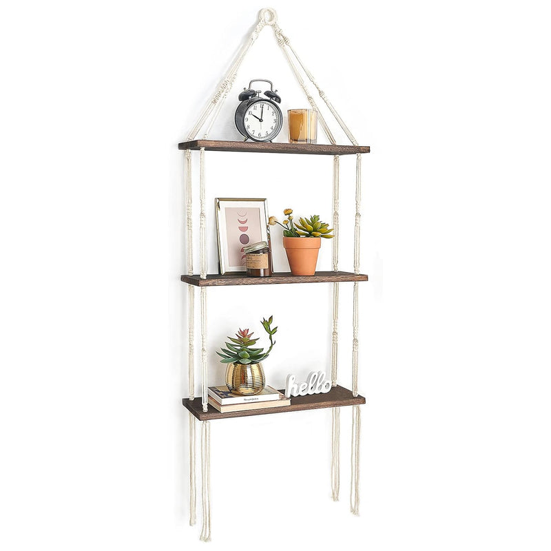 Macrame Wall Hanging Shelf 3 Tier Wood Floating Shelves With Cute Woven Rope B