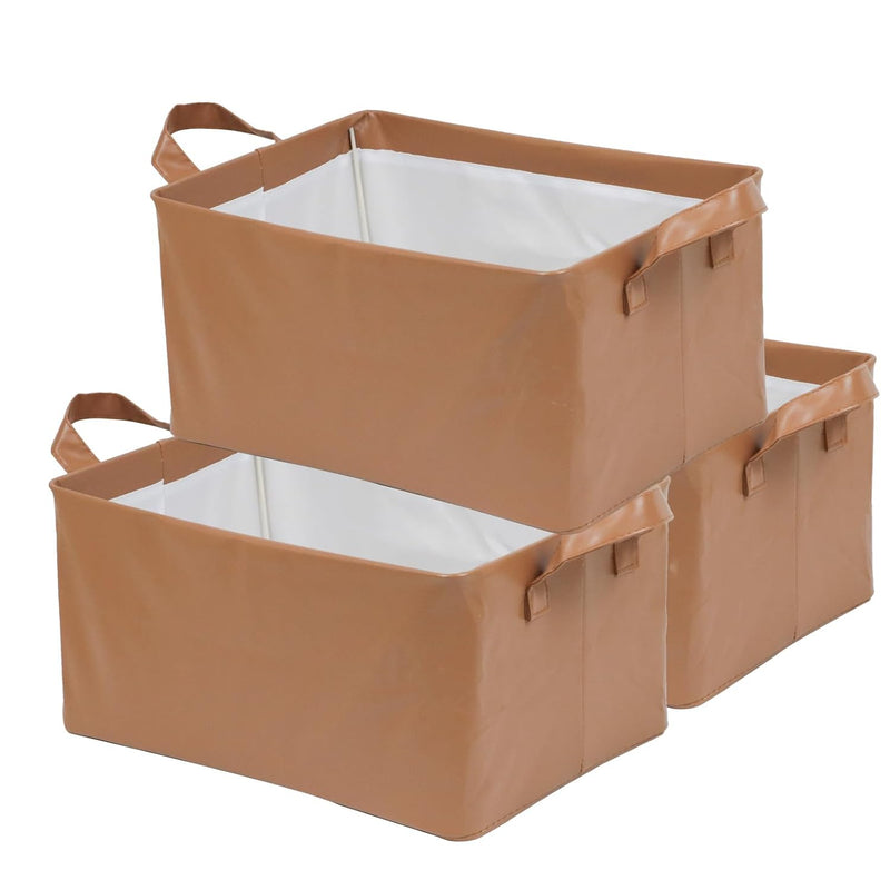Sturdy Pu Leather Storage Basket With Metal Frame, Set Of 3 Folding Organizer Bi