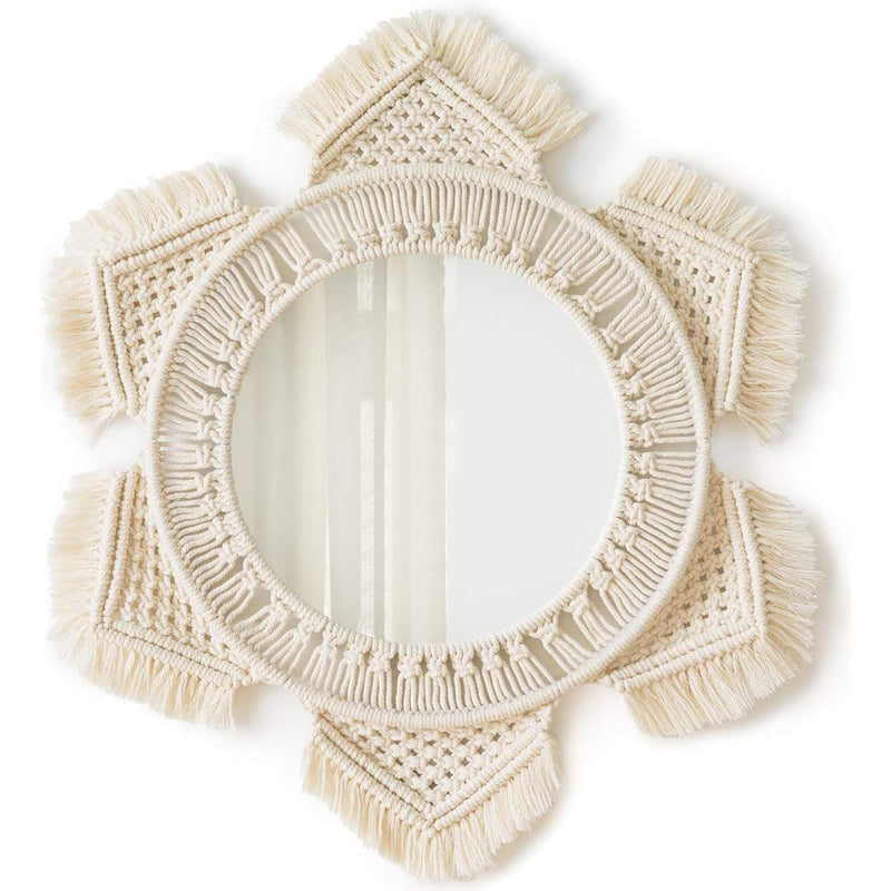 Hanging Wall Mirror With Macrame Fringe Round Boho Mirror Art Decor For Apartm