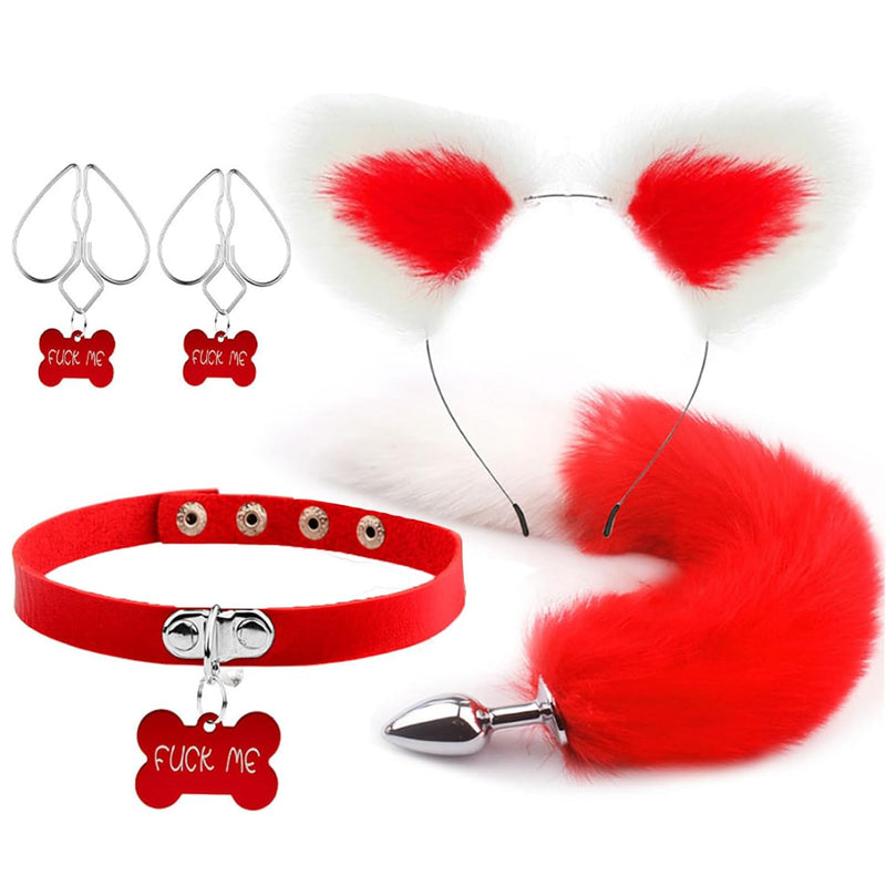 Red Anal Plug Butt Plug, 5Pcs/Set Sex Fox Tail Anales Plug Toys Butt Plugs With Cat Ears Headband And Necklace Metal Anal Adult Couples Beginners For Valentine'S Day Halloween Christma Gifts