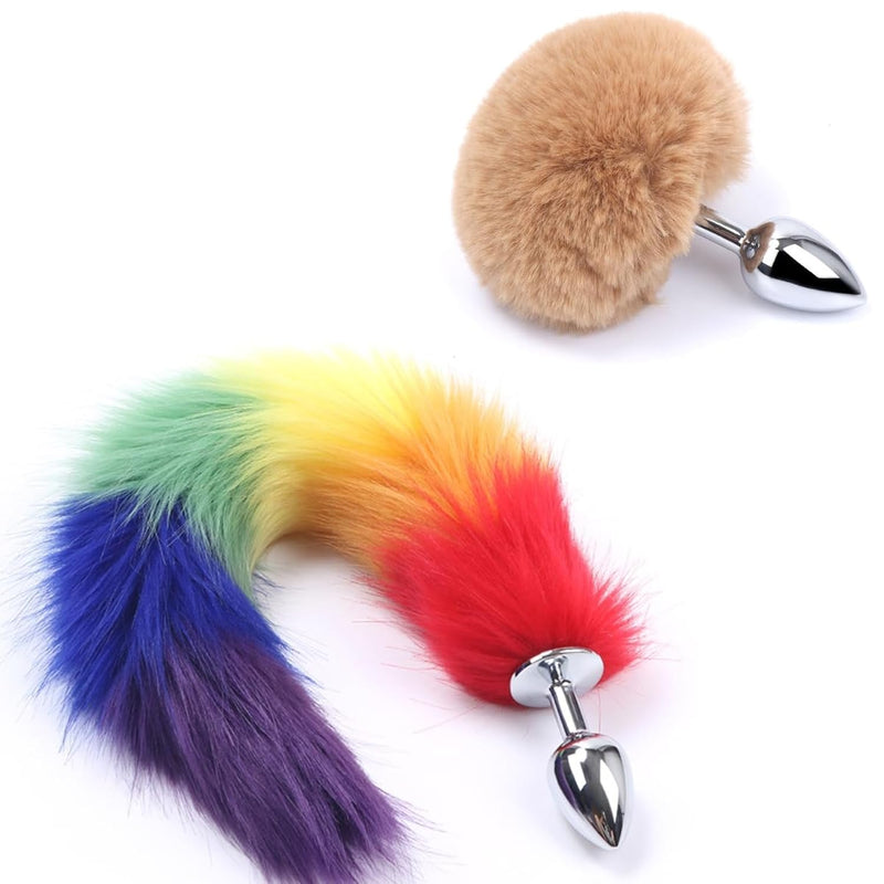 2Pcs/Set Fox Tail Anal Butt Plug Bunny Tail Stainless Steel Plug Sexy Toys Flirting Tools For Adults Cosplay &Sm Role Play Gradient (Rainbow)