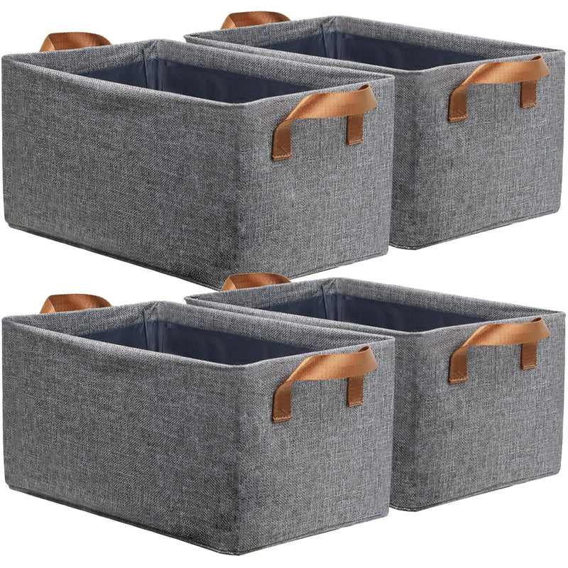 4 Pcs Linen Storage Baskets With Metal Frame, Shelf Organizer Bins, Fabric Baske