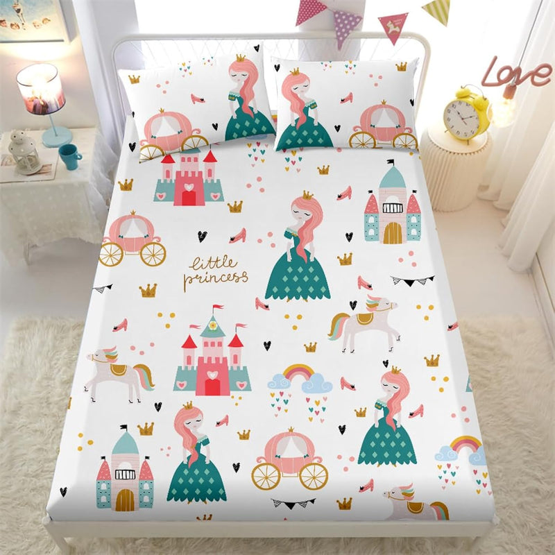 Girl Princess Fitted Sheet Sets Queen Size Little Princess Fairy Tales Castle