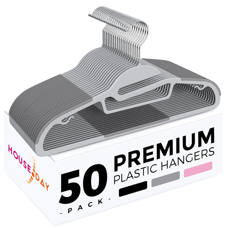 Heavy Duty Plastic Hangers 50 Pack, Grey Slim Clothes Hangers Space Saving, Non