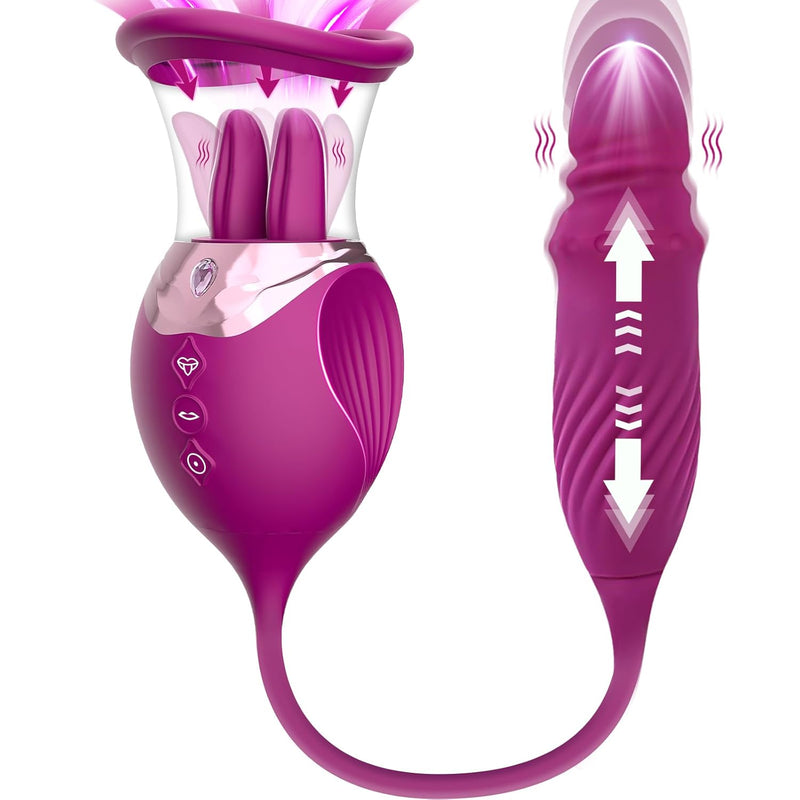 Rose Sex Toy Dildo Vibrators Adult Toys For Couples Woman, Upgraded 4In1 Sucking Tongue Licking & Thrusting Dildos G Spot Vibrator Clitoral Nipple Sucker Pump Stimulator (Purple)