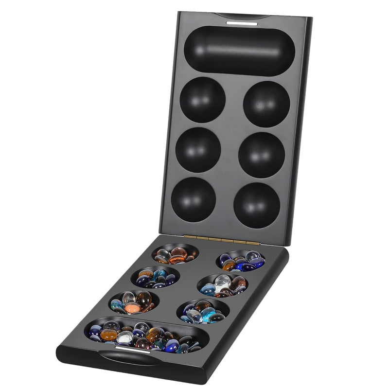 Wooden Mancala Board Game Set With 48 + 24 Multicolor Glass Stones Portable