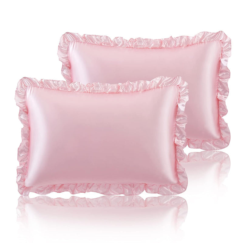 Ruffled Standard Satin Pillowcase Set Of 2, Blush Pink Silky Satin Pillow Case