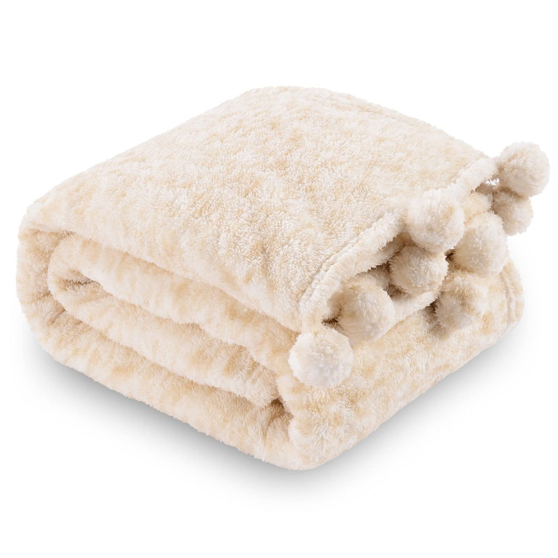 Sherpa Throw Blanket With Pom Pom Fringe, All Seasons Lightweight Fluffy Fuzzy