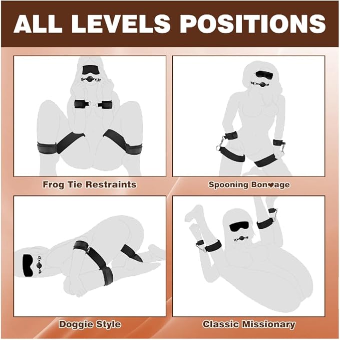 BDSM Restraint Kit with Wrist to Thigh Cuffs, Blindfold, Ball Gag & Bondage Gear