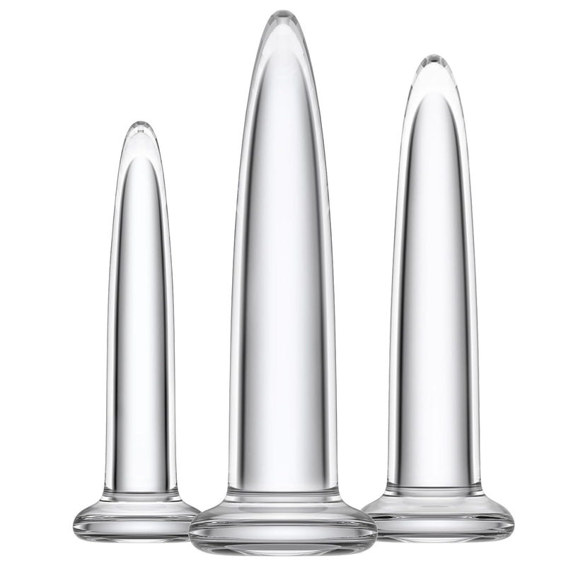 Glass Anal Dilator Set - Trainer Graduated 3-Size Kit - Crystal Clear Glass Butt Plug For Anal Dilation And Training