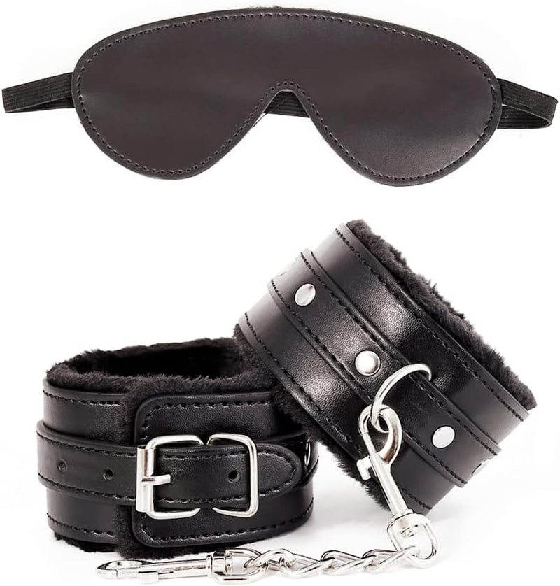 Adjustable Plush Handcuffs & Blindfold Set – Soft BDSM Restraints for Couples