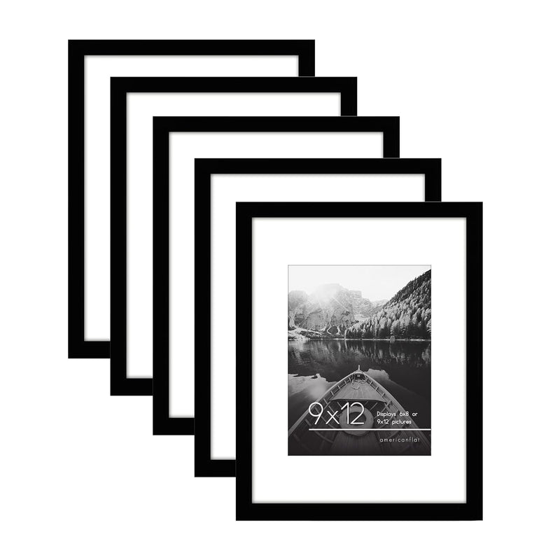 9X12 Picture Frame Set Of 5 In Black - Use As 6X8 Picture Frame With Mat Or 9X