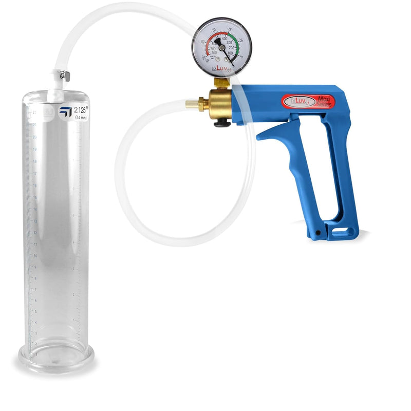Penis Pump Maxi Blue Handle With Gauge, Clear Hose - 9 Inch Length X 2.125 Inch Diameter Cylinder
