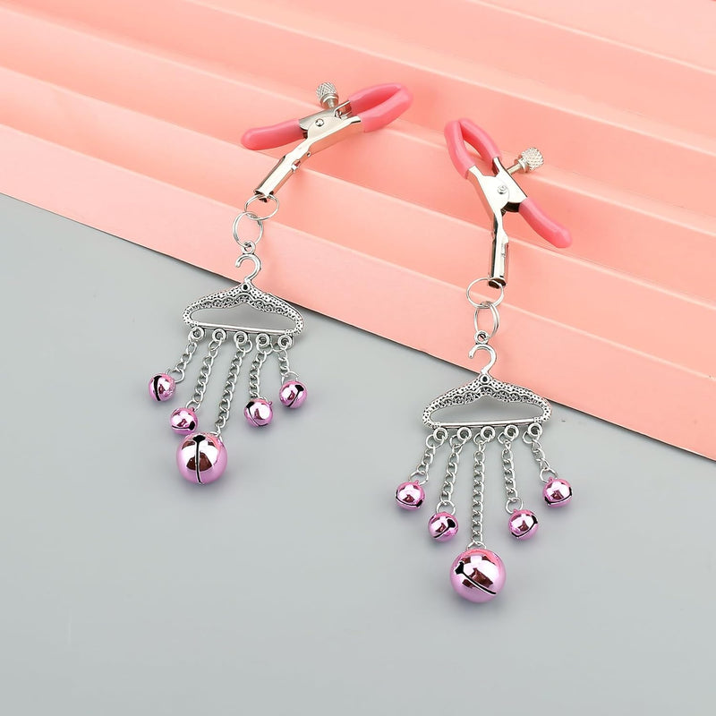 Sexy Nipple Clamps Non Piercing For Women, Adjustable Nipple Clips Non Pierced With Hanger And Bell Chains, Decorative Body Jewelry Chain Nipple Toys, Breast Clamps Novelty (Style G, Pink)