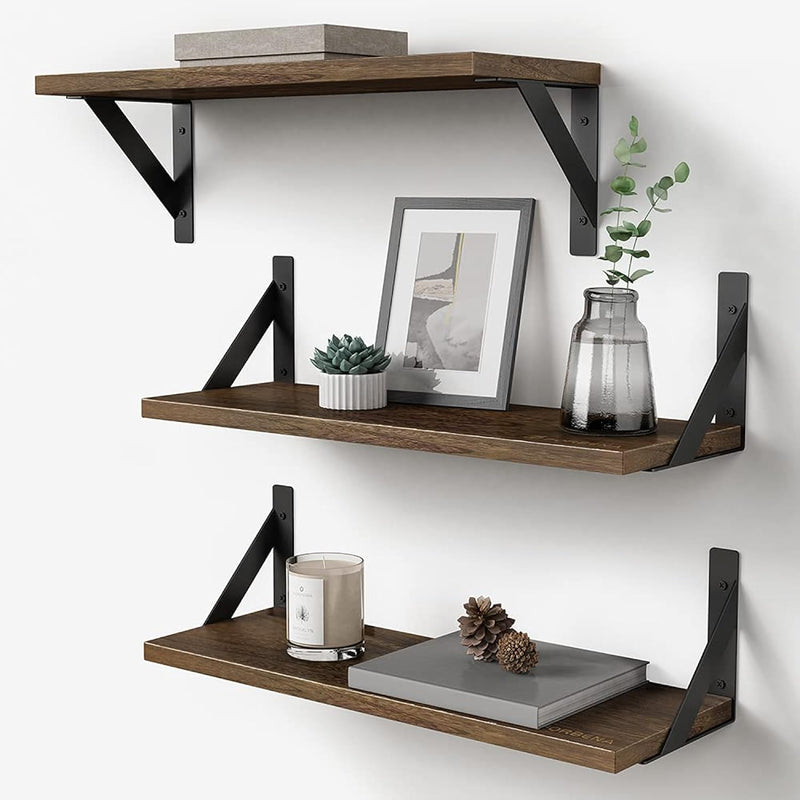 Rustic Floating Shelves Wall Mounted Set Of 3, 17 Inch Natural Wood Wall Shelv