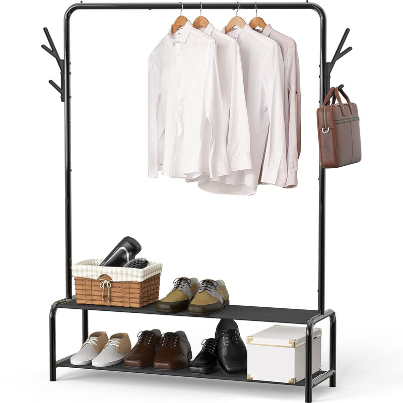 Garment Rack With Storage Shelves And Coat/Hat Hanging Hooks