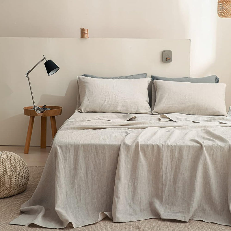 100% Linen Sheet Set 4 Pcs Washed Natural French Flax Bed Sheets (Deep Pocket