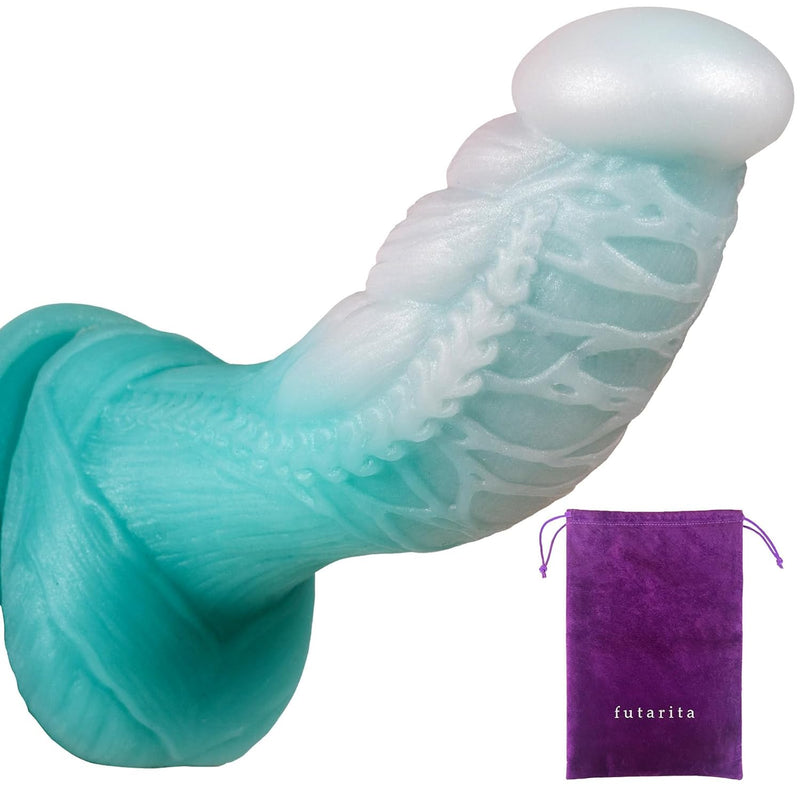 Puffy Hummingbird Dildo - 6.25" Perfect Fit Cute Dildo W/Soft Yet Firm Texture, Liquid Silicone, Real Skin Feel, Strong Suction Base, Harness-Compatible, W/Drawstring Bag (Turquoise Mist)