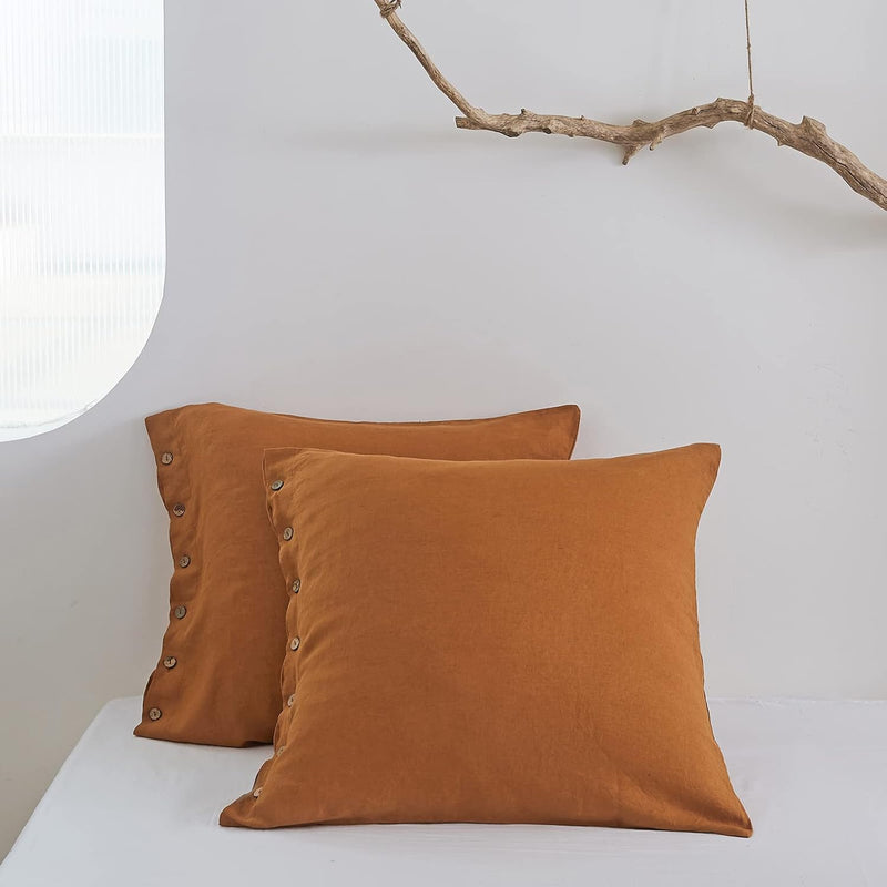 100% Linen Euro Shams With Coconut Button (26'' X 26'') - Pack Of 2 - Washed S