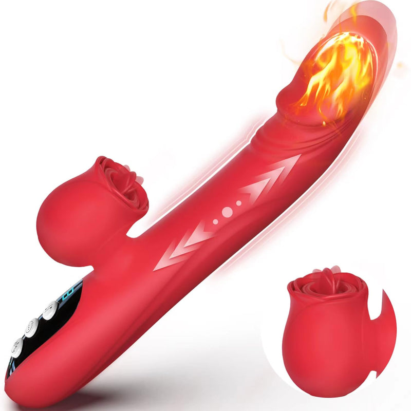 Rose Vibrator Realistic Thrusting Dildo G Spot Clitoral Stimulation Rose Sex Toy With 7 Licking & Thrusting Vibration Modes,Rabbit Vibrator Silicone Dildo Adult Sex Toys For Women And Couples