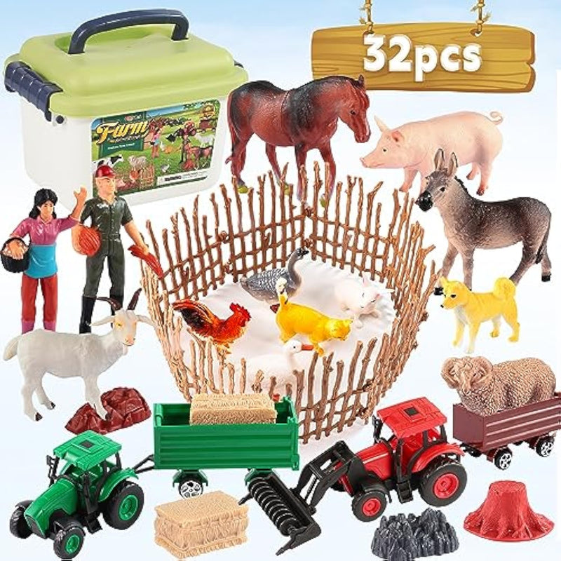 32Pcs Farm Playset For Toddlers 1-3 Plastic Animal Figures Toys Double Farm Tractor Toys For Kids 3-5 Storage Box Ideal Festivals Birthday Gift
