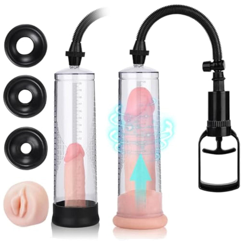 Vacuum Penis Pump Strengthen Manual Penis Enlarger Booster Extender Device for Men Penis Massage Care male sex toy with 1pcs Lifelike Vagina Sleeve, 3pcs Suction Sleeves in 3 Sizes