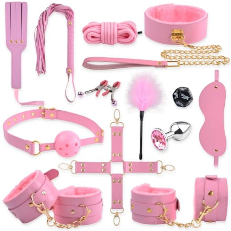 Sex Bondage Toys BDSM Restraints Kit 13pcs Adult Toys with Adjustable PU Leather Handcuffs & Ankle Cuffs Nipple Clamps Collar Paddle Ball Gag SM Games for Beginners and Couples (Pink)