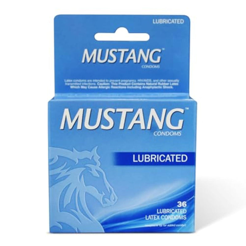 Mustang Lubricated Latex Condoms - 36 Count Pack – Premium Natural Latex, Silky Lubricant, Electronically Tested, Receptacle Tip