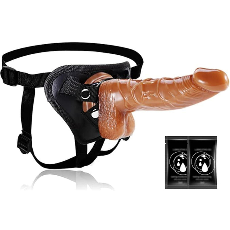 Strap on Dildo with Harness, Wearable Realistic Dildo Body-Safe Material with Strong Suction Cup, Anal Vagina G Spot Stimulator, Adult Sex Toys for Women Lesbian Couple Gay Men Beginner (Brown)