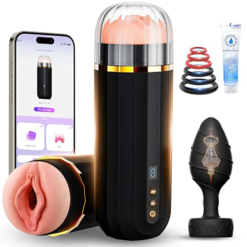 Male Masturbator Sex Toys for Men, Realistic Pocket Pussy Penis Pump with 10 Vibration & 10 Suction Modes, Adult Male Sex Toy Set Includes 1 Fleshlight & 1 Vibrating Anal Plug and 6 Cock Ring