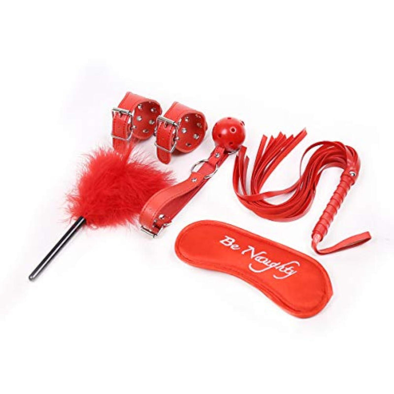 Fuzzy Handcuffs for Grownups Bedroom, Sex Spanking Whip for Play, Breathable Mouth Gag Gagger Ball, Adult Tickler and Sex Blindfold - 5pcs BDSM SM Starter Kit Restraints Set