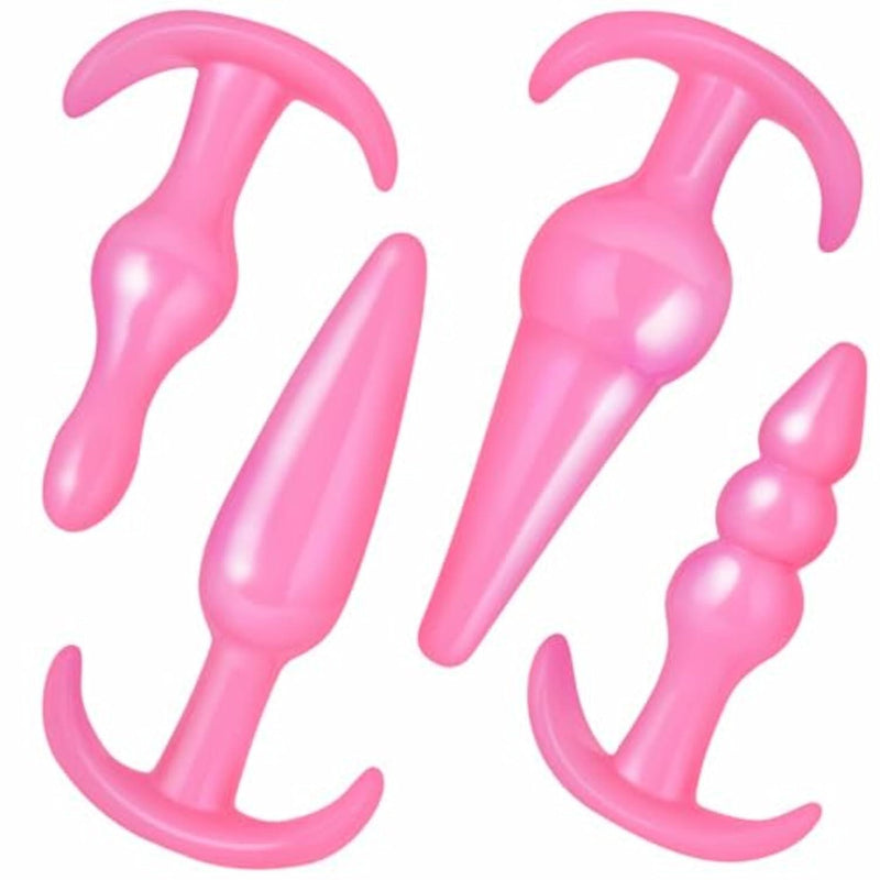 Silicone Anal Plug, Pack of 4 Buttplug Training Set for Beginners Advanced Users with Flared Base Prostate Sex Toys, Pink