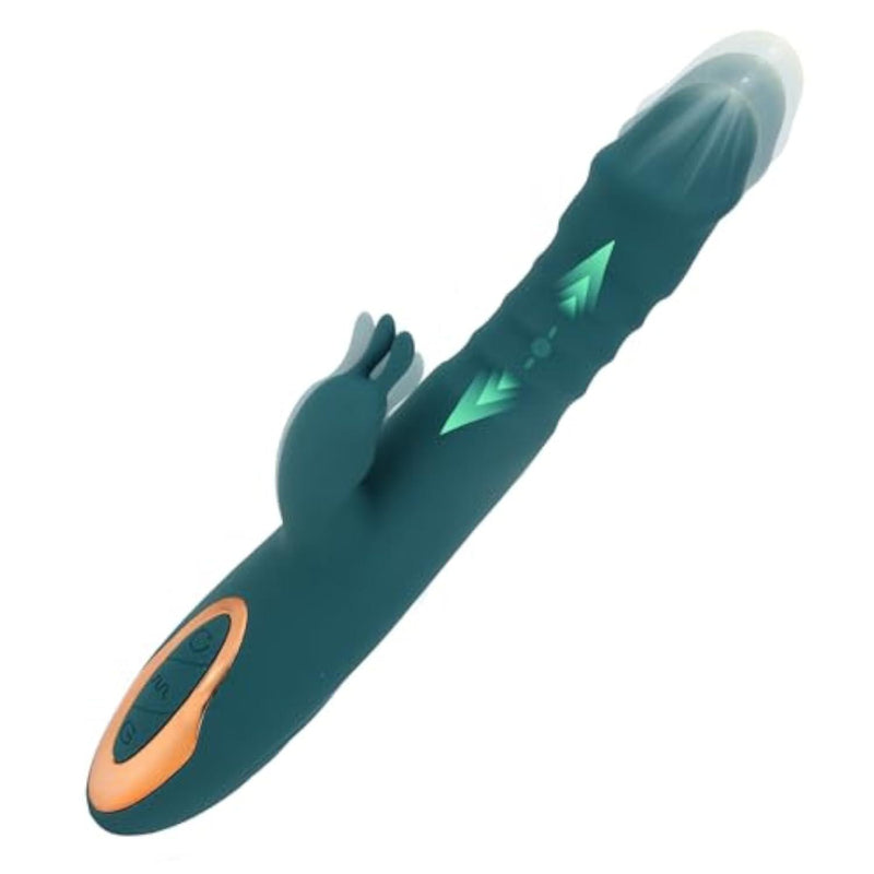 Thrusting Dildo Vibrator for Female,Clitoral Stimulator with Rabbit Teaser,3 IN1 G Spot Vibe with Thrusting Vibrating & Licking, Adult Toy for Nipple,C Spot, Vagina and Anal Sex Play (Dark Green)