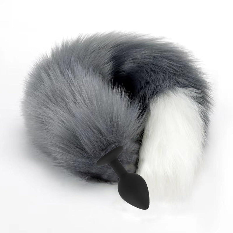 Silicone Anal Plug with Faux Fur Fox Tail, 18 Inch Tail, Adult Toy for Roleplay and Cosplay (Gray)