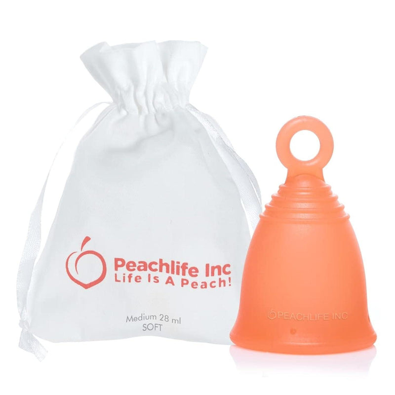 Silicone Ring Menstrual Cup with Loop Pull Stem for Easy Removal - Reusable 12 Hour Tampon Alternative - Medium Size, Soft Peachcup