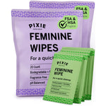 Pixie Feminine Wipes - Flushable, Biodegradable, & Ph Balanced - Individually Wrapped Packet Wipes for On The Go & Public Bathrooms - Wash & Cleaner For Your Menstrual Cups & Discs (2 Packs of 20)