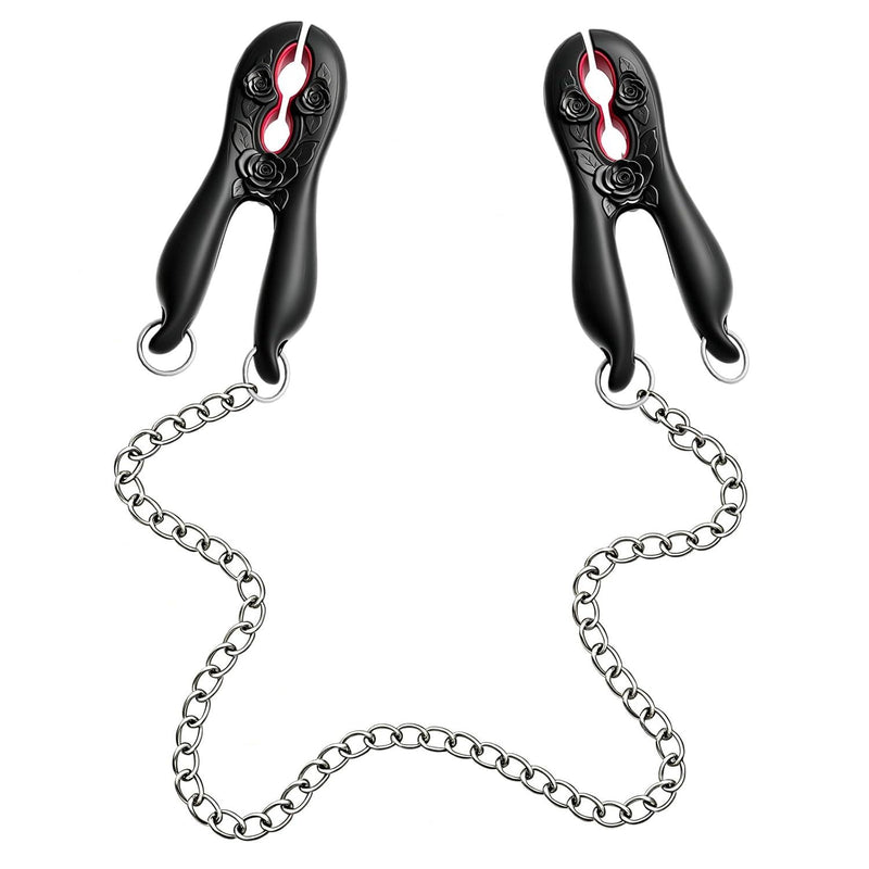 BDSM Rose Nipple Clamps & Clips for Women Couples, Black-Red Floral Silicone Comfort, Detachable Metal Chain Non-Slip Secure Grip, Breast Stimulation Bondage Flirting Adult Sex Toys, Romantic Gift