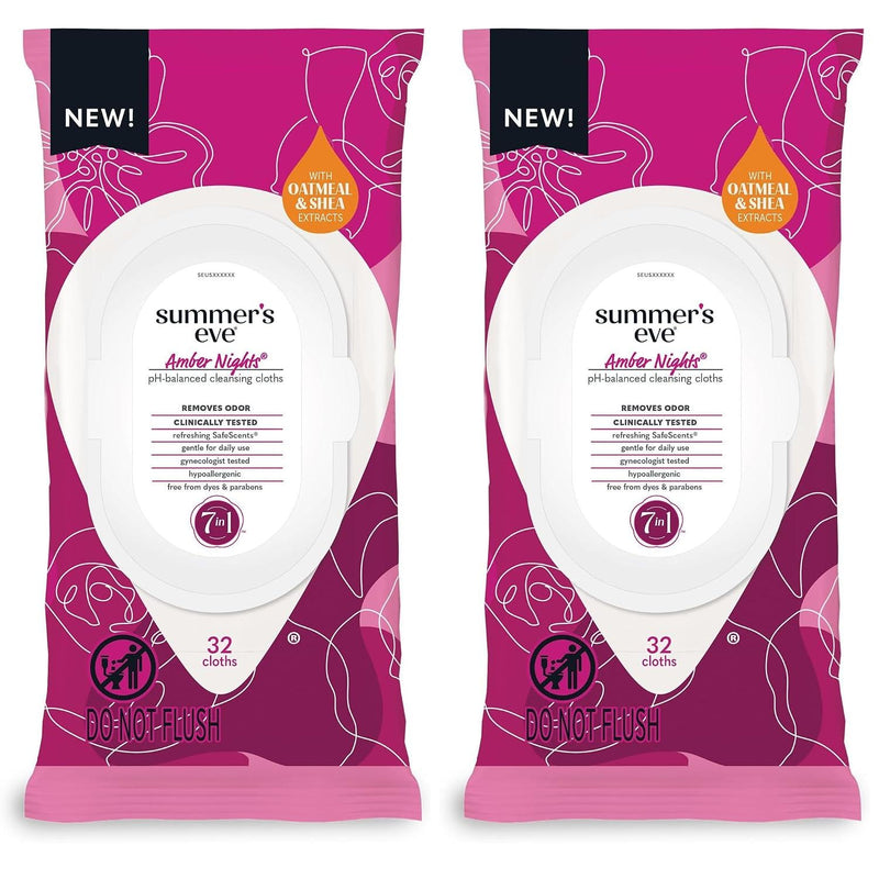 Summer's Eve Amber Nights Daily Refreshing Feminine Wipes, Removes Odor, pH Balanced, 32 count (Pack of 2)