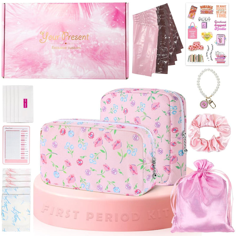 22 PCS First Period Starter Kit Gift for Teen Girls Period Bags for Teen Tweens Girls with Sanitary Pad Storage Bag, Wipes, Menstrual Tracker, Disposal Pouches and More (Pink Floral)